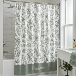 Cortina Para Box Nome Monograma Toile Vintage Floral Verde Salvia