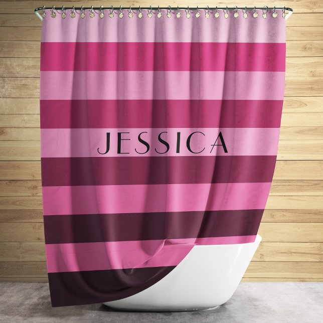 Cortina Para Box Nome Personalizado de Padrão Strike Rosa (Modern Pink Striped Pattern Shower Curtain)