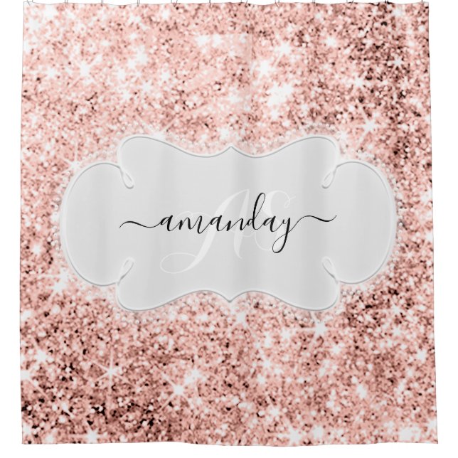 Cortina Para Box Nome Personalizado Monograma Rosa Dourada Glitter  (Frente)