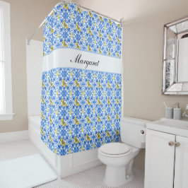 Cortina Para Box Nome Personalizado Padrão de Azulejo Azul Limão