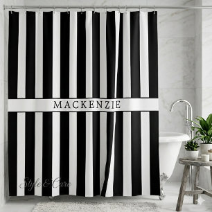 Cortina Para Box Nome Personalizado Preto e Branco Listras Verticai