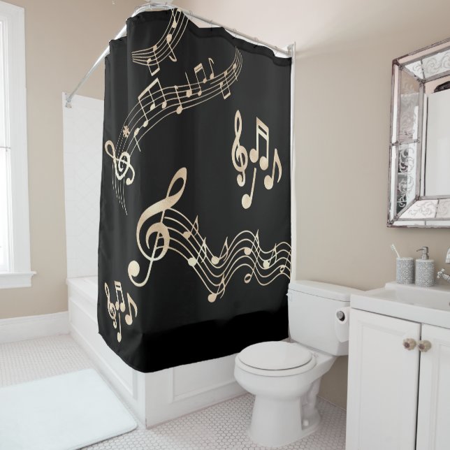 Cortina Para Box Notas Musicais Douradas em Preto Médio (In Situ)