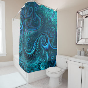 Cortina Para Box Octopus Azul e Teal Padrão Espiral de Tentáculos