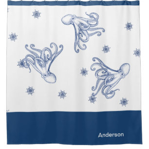 Cortina Para Box Octopus Bathroom Azul e Branco