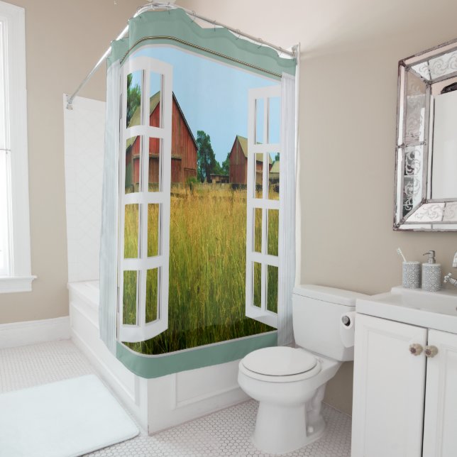 Cortina Para Box Opinião da janela dos celeiros no pasto (In Situ)