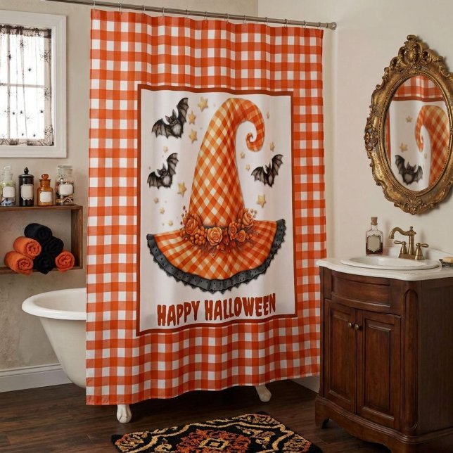 Cortina Para Box Orange Gingham Halloween Witch Hat & Bats (Criador carregado)