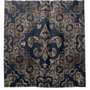 Cortina Para Box Ornamento de luxo Fleur-de-lis - ouro e azul escur