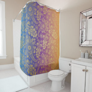 Cortina Para Box Ouro Luxury Paisley em Azul, Púrpura e Laranja