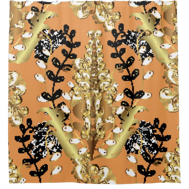 Cortina Para Box padrão abstrato com fundo amarelo alaranjado com  (Frente)