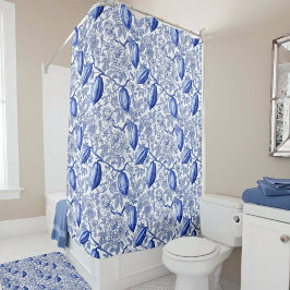 Cortina Para Box Padrão Botânico Azul Toile Única Chic Cacau