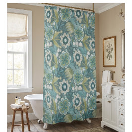 Cortina Para Box Padrão Botânico Boho Floral Turquesa