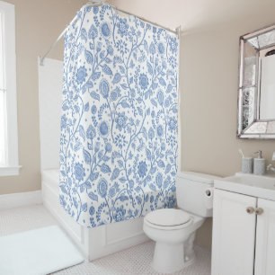 Cortina Para Box Padrão Botânico Floral Branco e Azul Caprichoso