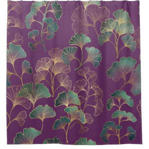 Cortina Para Box Padrão Botânico Japonês Ginkgo Dourado Roxo
