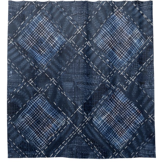 Cortina Para Box Padrão Clássico do Indigo Diamond Stitch Denim (Frente)