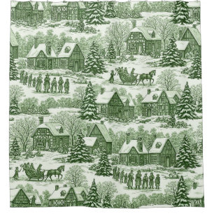 Cortina Para Box Padrão de Aldeia de Natal Vintage Verde Toile