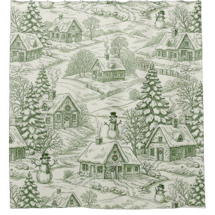 Cortina Para Box Padrão de Aldeia de Natal Vintage Verde Toile (3)