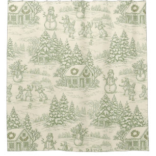 Cortina Para Box Padrão de Aldeia de Natal Vintage Verde Toile (5)