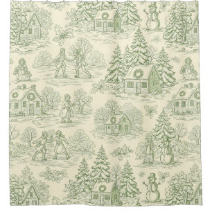 Cortina Para Box Padrão de Aldeia de Natal Vintage Verde Toile (6)