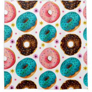 Cortina Para Box Padrão de aquarela com cor rosa, azul e chocolate
