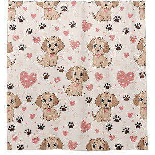 Cortina Para Box Padrão de aquarela Corações de Cachorrinho Fofo (4
