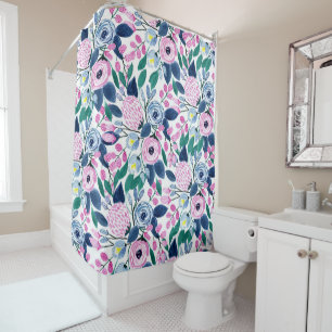 Cortina Para Box Padrão de Aquarela das Flores de Marinho Rosa Suav