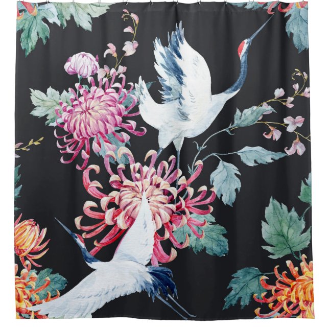 Cortina Para Box Padrão de Aquarela de Crane Vermelha Chrysanthemum (Frente)