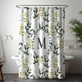 Cortina Para Box Padrão de Aquarela de Folhas Verdes Monogramadas