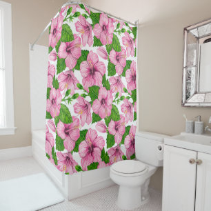 Cortina Para Box Padrão de aquarela de hibisco rosa