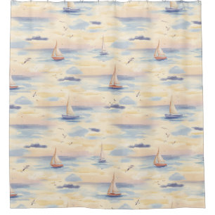 Cortina Para Box Padrão de Aquarela do Oceano com Barcos à Vela Son