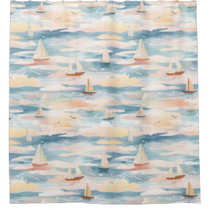 Cortina Para Box Padrão de Aquarela do Oceano com Barcos à Vela Son