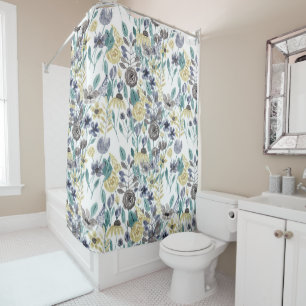 Cortina Para Box Padrão de Aquarela Floral Amarelo da Cinza Moderna