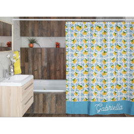 Cortina Para Box Padrão de Azulejo Azul Limão País Francês