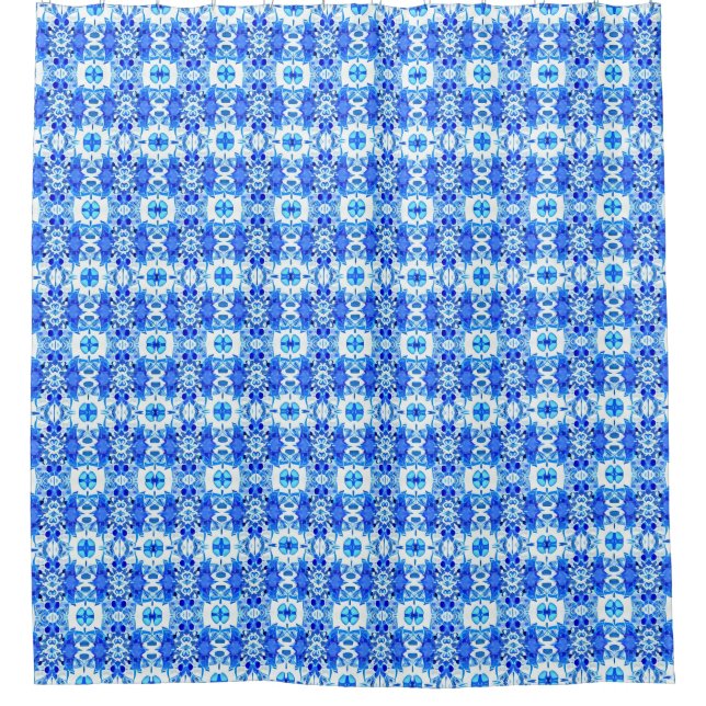 Cortina Para Box Padrão de Azulejo de cobalto azul e branco (Frente)