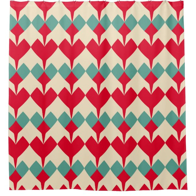 Cortina Para Box Padrão de azulejo de cor azul, vermelho. (Frente)