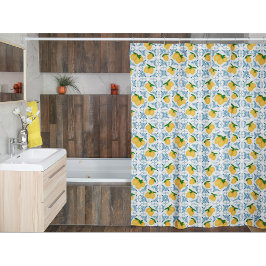 Cortina Para Box Padrão de Azulejos Florais Limão Azul País Francês