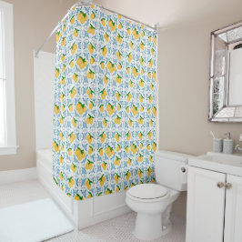 Cortina Para Box Padrão de Azulejos Florais Limão Azul País Francês
