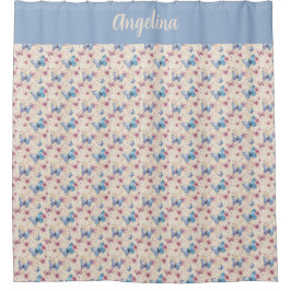Cortina Para Box Padrão de borboleta azul rosa em aquarela nome 
