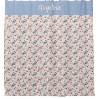 Cortina Para Box Padrão de borboleta azul rosa em aquarela nome