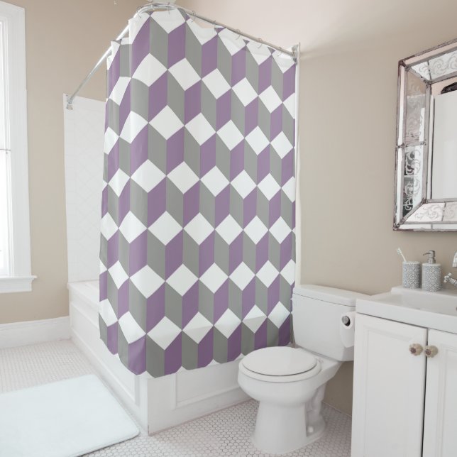 Cortina Para Box Padrão de Cubo Isométrico Roxo e Cinza Crocus (In Situ)