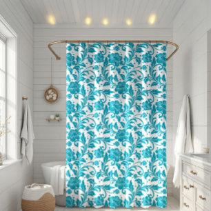 Cortina Para Box Padrão de Damasco Floral Turquesa e Branco