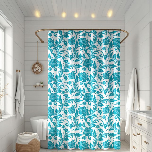 Cortina Para Box Padrão de Damasco Floral Turquesa e Branco (Criador carregado)