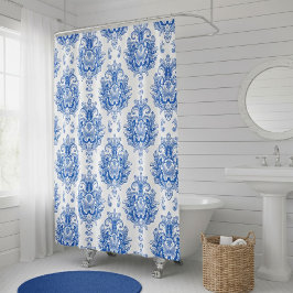 Cortina Para Box Padrão de Damasco Mediterrâneo Azul Branco Elegant