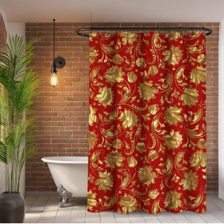 Cortina Para Box Padrão de damasco vermelho-escuro e dourado brilha