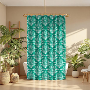 Cortina Para Box Padrão de Deco de Arte Floral Branca e Turquesa