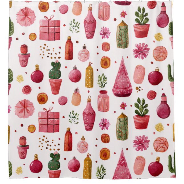 Cortina Para Box Padrão de enfeites de Natal de Cacto Rosa (Frente)