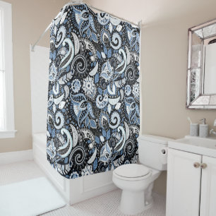 Cortina Para Box Padrão de Estampa Paisley Branco e Azul