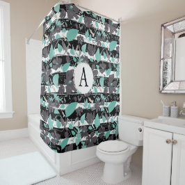 Cortina Para Box Padrão De Faixa Floral Teal De cinza Monograma