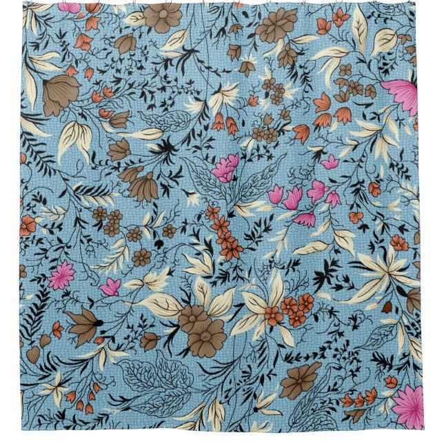 Cortina Para Box Padrão de flor de vindima, fundo azul. (Frente)