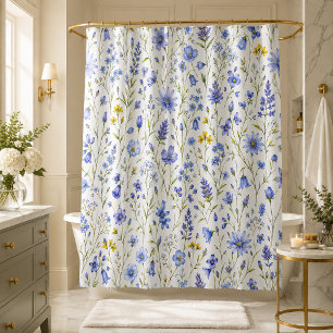 Cortina Para Box Padrão de Flor Silvestre Aquarela Azul Amarelo Ver