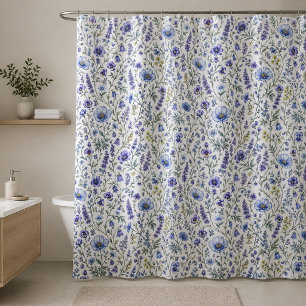 Cortina Para Box Padrão de Flor Silvestre Aquarela Roxo Azul